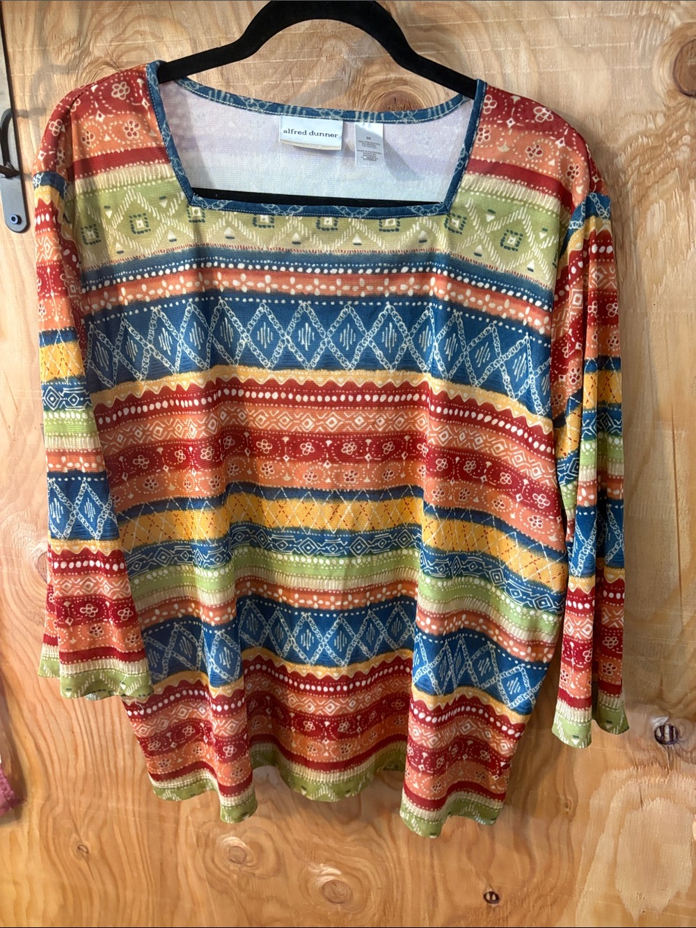 Alfred Dunner Red Blue Yellow Green Aztec Patterned Square Neck Tunic